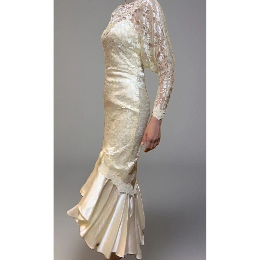 Vintage 80s Lizette Creations Ivory Lace Wedding Dress Mermaid Satin Ruffle XS